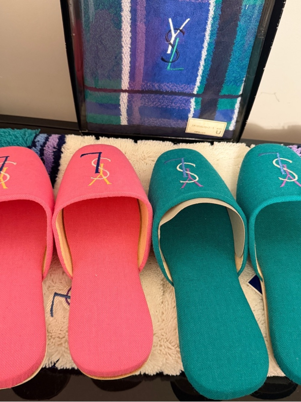 Yves Saint Laurent Pink & Teal Slippers, Handtowel, and Rug "Host Pick" - Picture 2 of 4